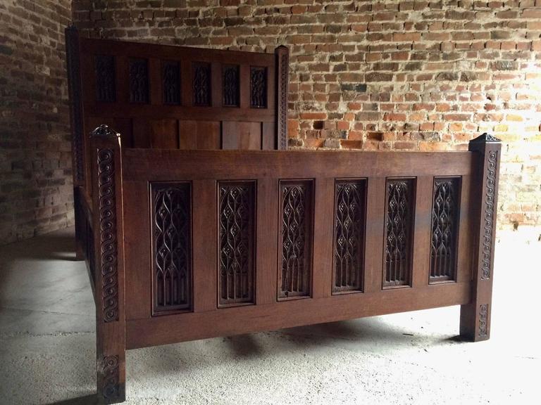 Antique King Size Double Bed Gothic Solid Oak Victorian, 19th Century