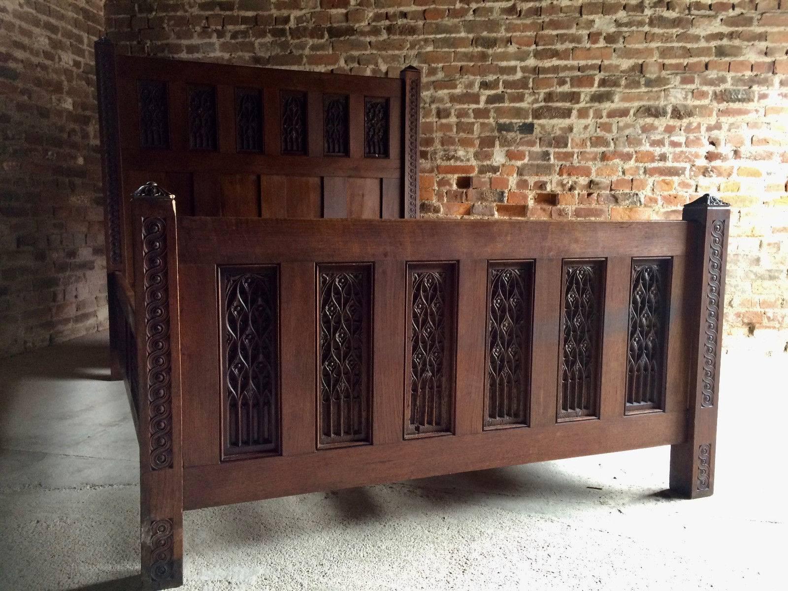 Antique King Size Double Bed Gothic Solid Oak Victorian, 19th Century In Good Condition In Longdon, Tewkesbury