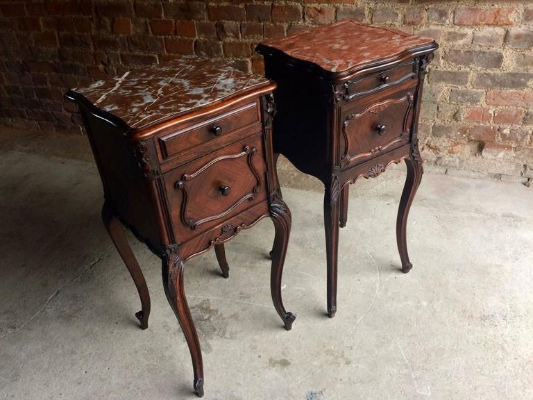 Antique French Bedside Tables Pair Walnut Marble Topped at