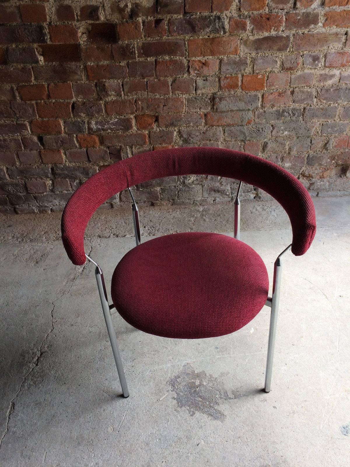 A stunning set of four Mid-Century Jan Lunde Knutsen 'Rondo' armchairs, 1960s Karl Sørlie & Sønner Sarpsborg Fabrikker Norway, fabulous chrome frames with original red fabric offered excellent condition, a fabulous and seductive seating design