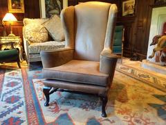 Georgian Style Wing Back Armchairs Leather Pair of His N Hers Brown Hide