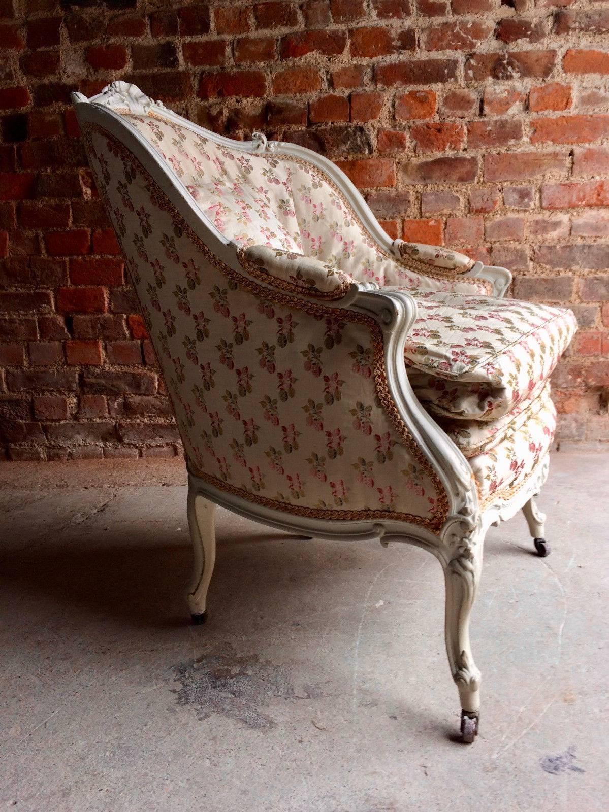 Antique French Tub Chair and Footstool Victorian 19th Century Painted