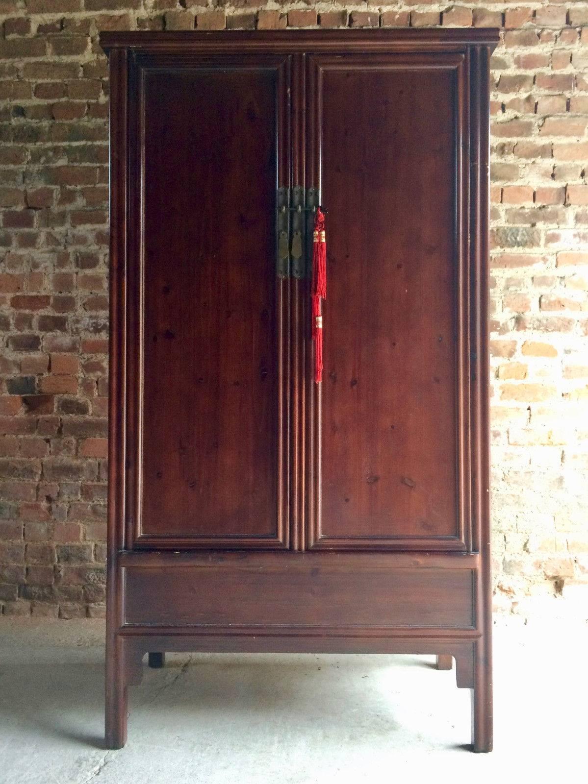 Antique Style Chinese Wardrobe Cupboard Cabinet Stained Pine Tall 1