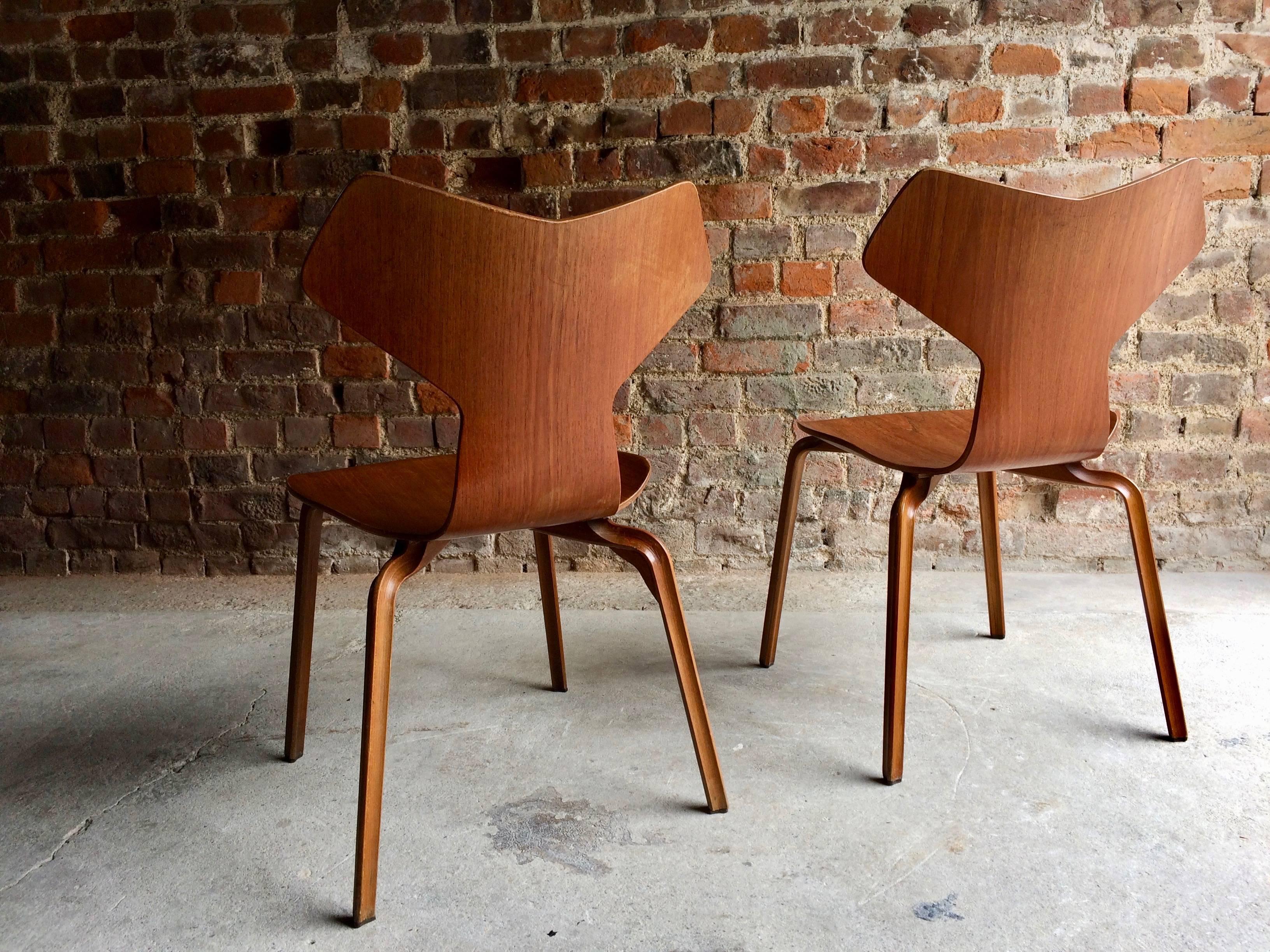 Mid-Century Modern Arne Jacobsen Teak Grand Prix Chairs Pair Manufactured by Fritz Hansen, 1960s