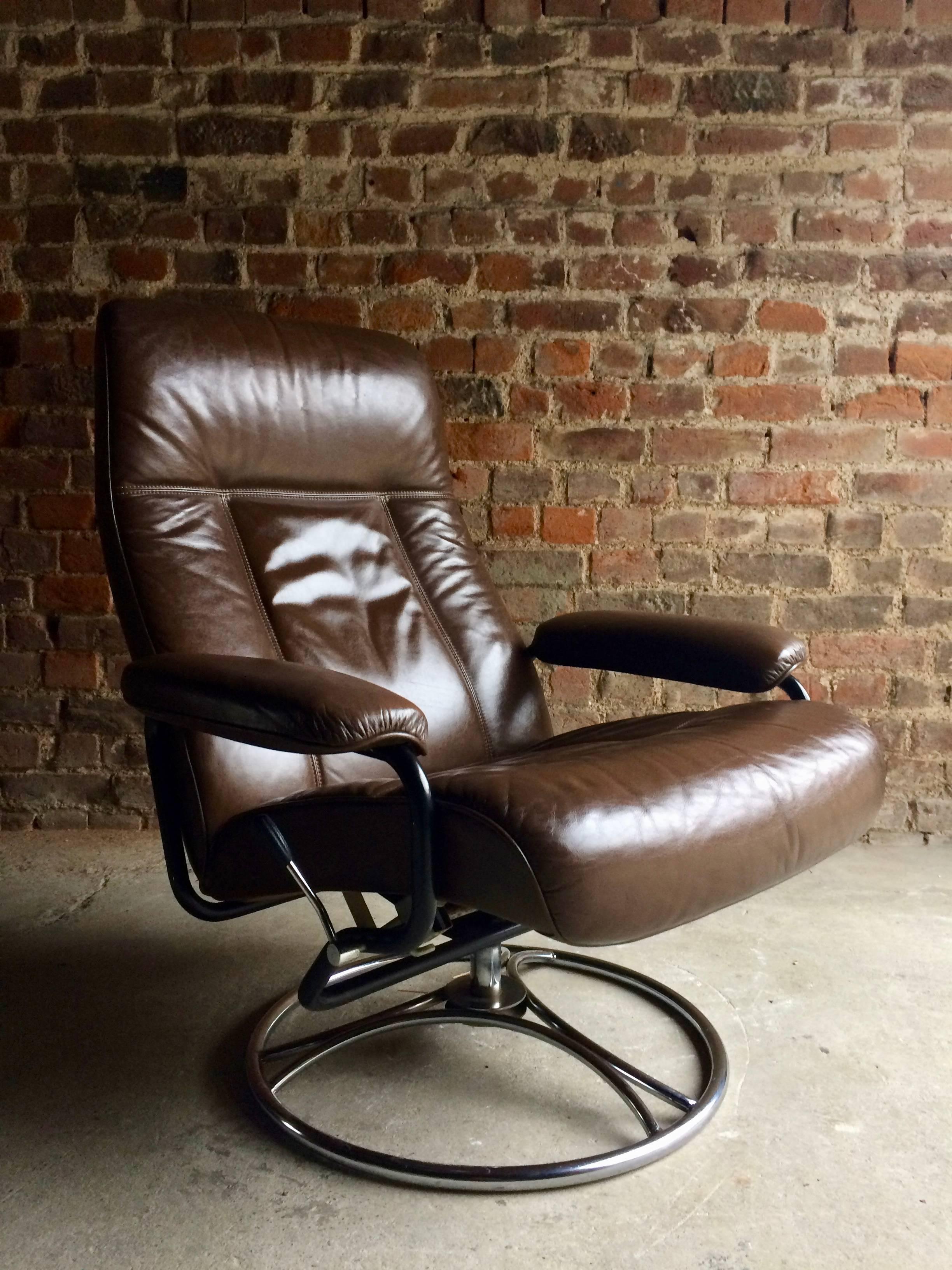 Swedish Brown Leather Armchair Lounge Reclining Swivel Söderbergs, 1970s 4