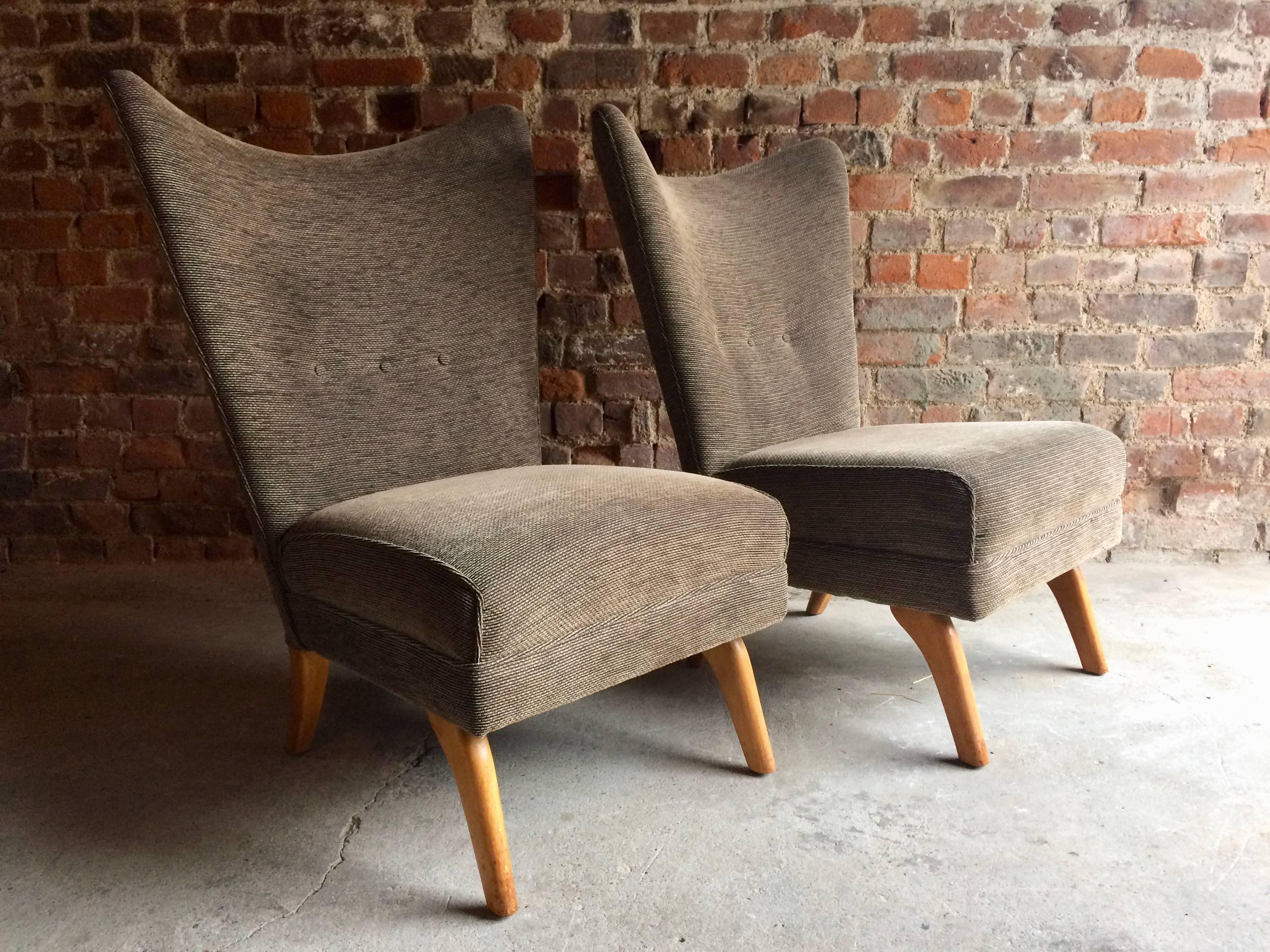 A beautiful pair of Howard Keith 'Encore' cocktail chairs offered in excellent, recently reupholstered in tweed style fabric in mink brown, designed and produced by Howard Keith under the HK brand, the Encore chair elegantly styled with a low, deep