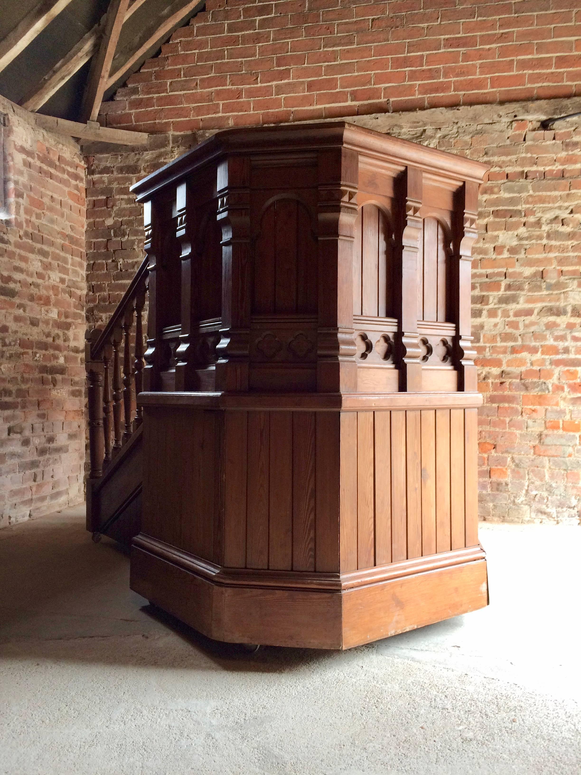 Gothic Revival Antique Victorian Church Pulpit and Stairs Pitch Pine Gothic DJ Booth
