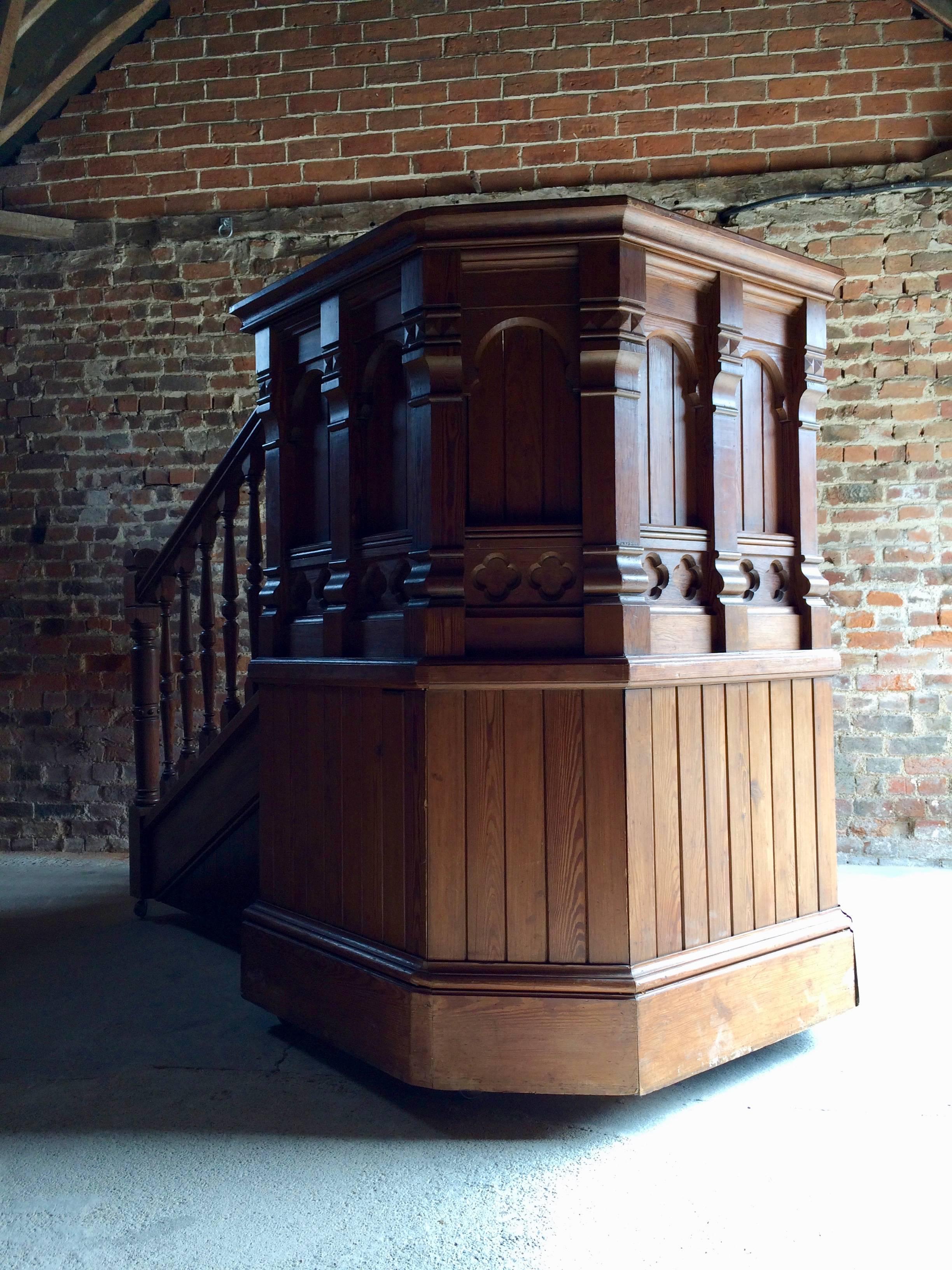 19th Century Antique Victorian Church Pulpit and Stairs Pitch Pine Gothic DJ Booth