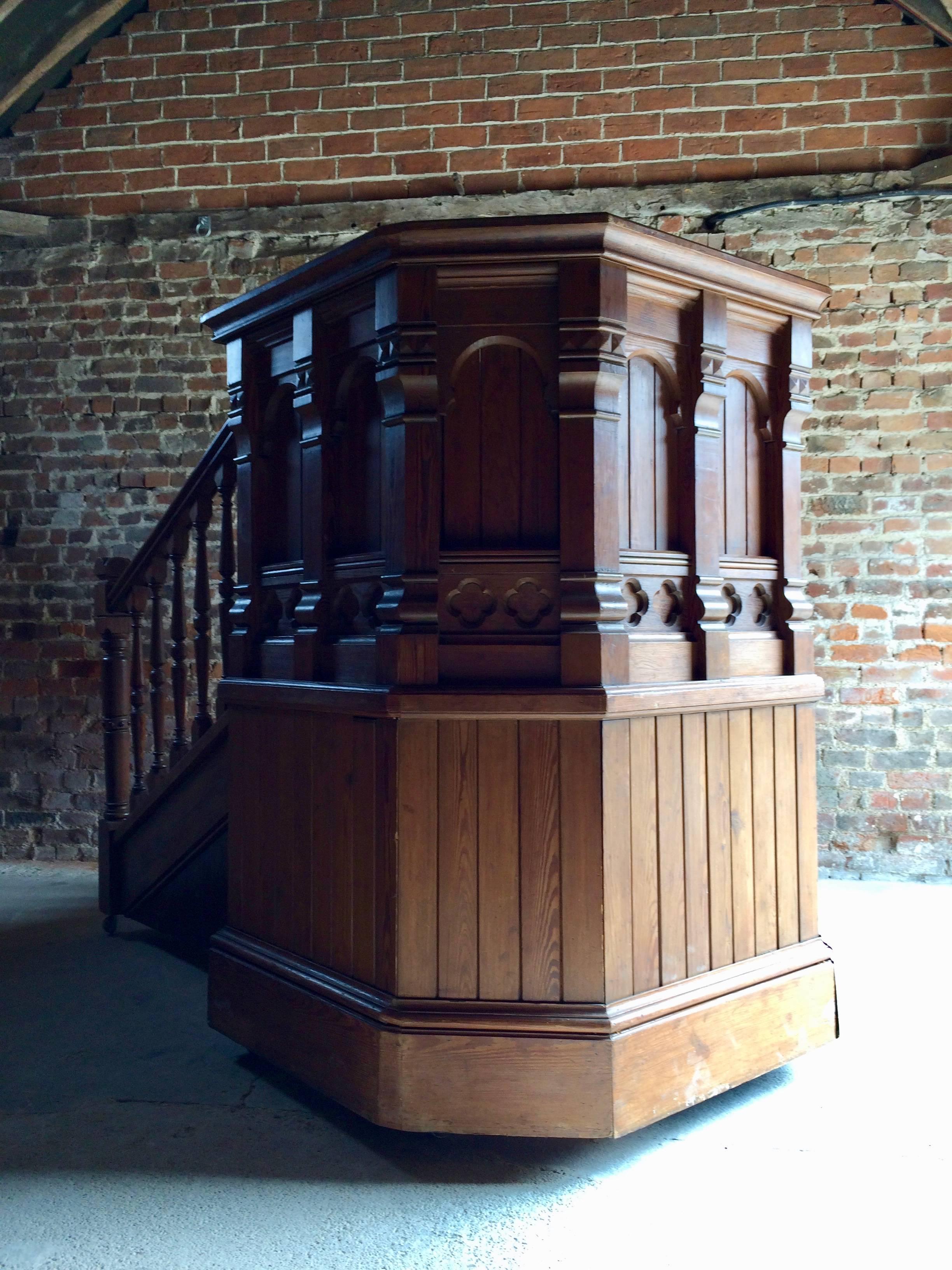Antique Victorian Church Pulpit and Stairs Pitch Pine Gothic DJ Booth 4