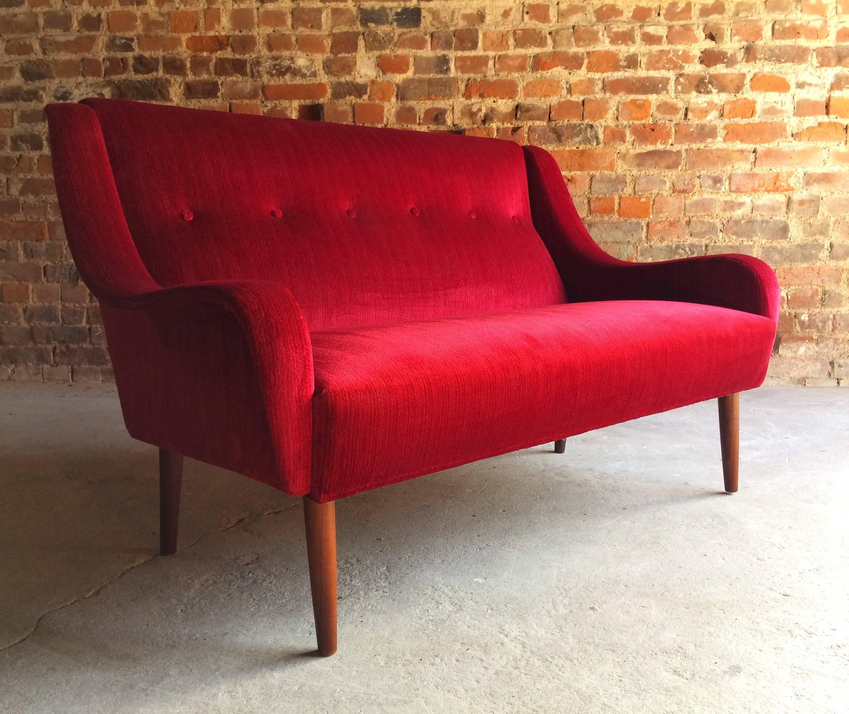 Scandinavian Modern Danish Sofa Red Velour Teak Mid-Century Two-Seat Vintage, circa 1950s