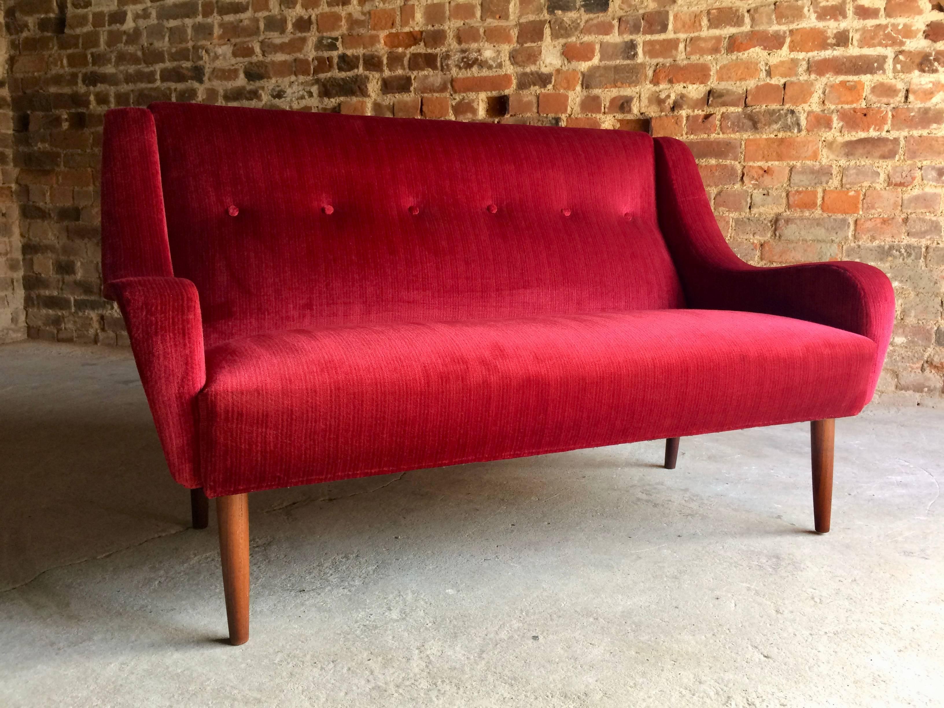 Danish Sofa Red Velour Teak Mid-Century Two-Seat Vintage, circa 1950s In Good Condition In Longdon, Tewkesbury