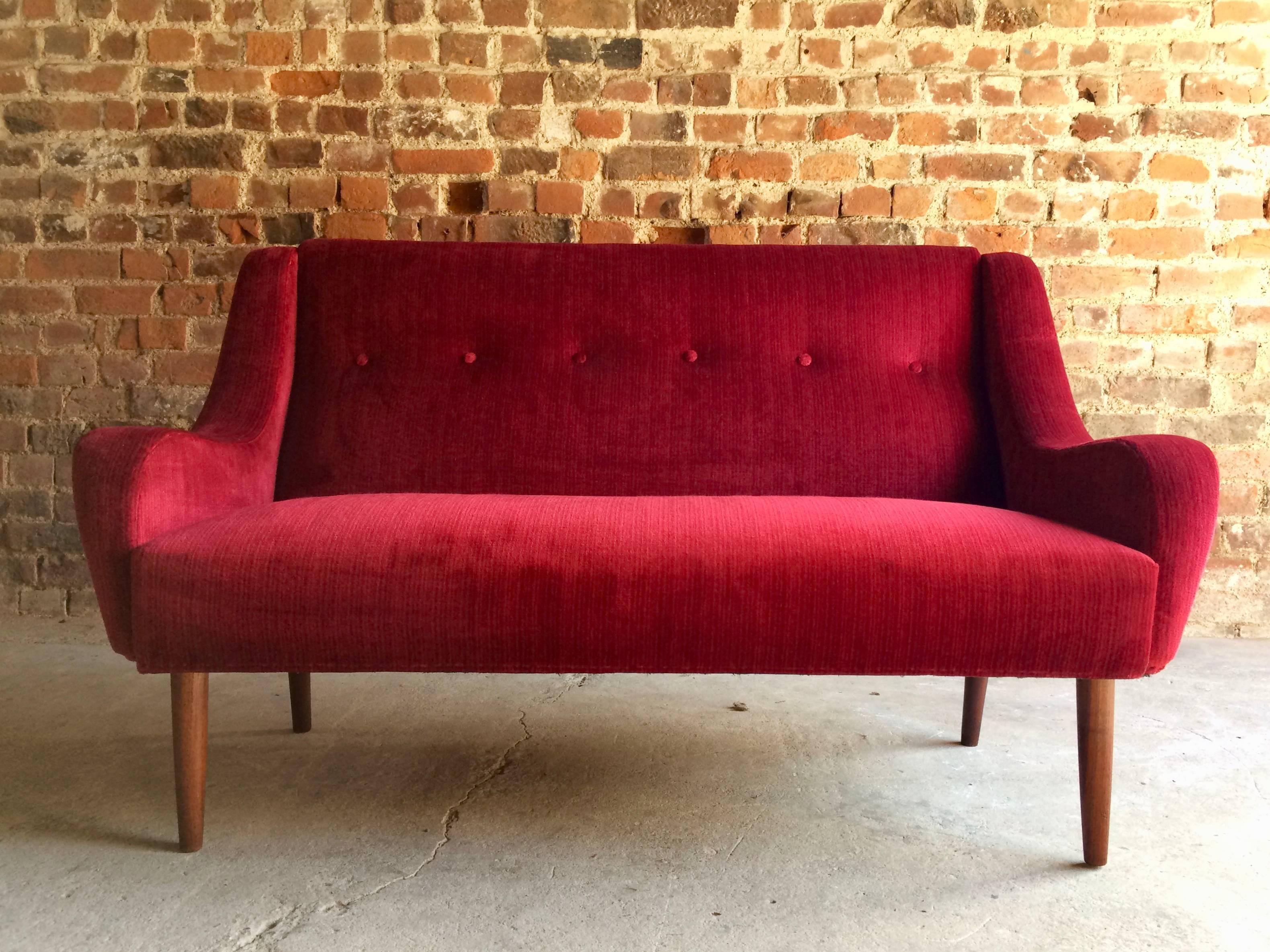 20th Century Danish Sofa Red Velour Teak Mid-Century Two-Seat Vintage, circa 1950s