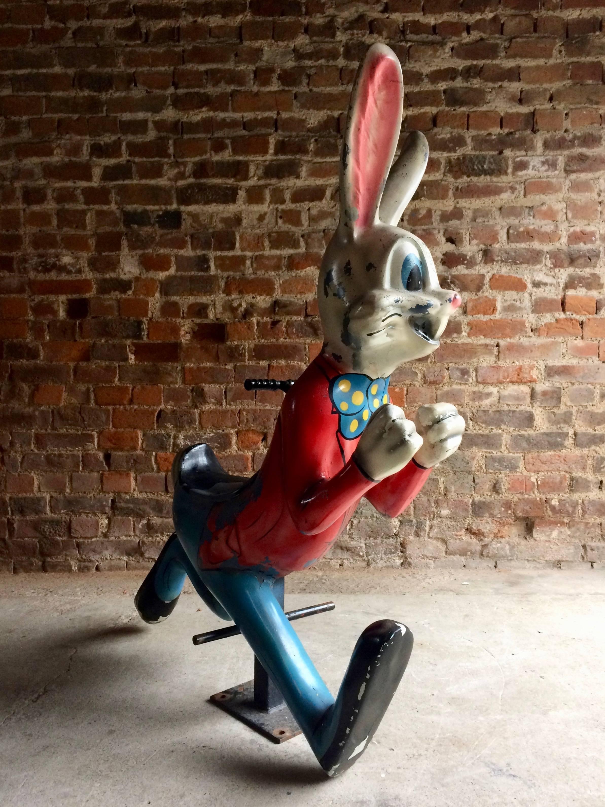 A fantastic reclaimed vintage moulded fibre glass fairground ride in the form of comical Bunny with a distressed painted finish, ideal for that loft space look we all love so much, looks amazing

Dimensions:

Height: 51” inches (floor to seat