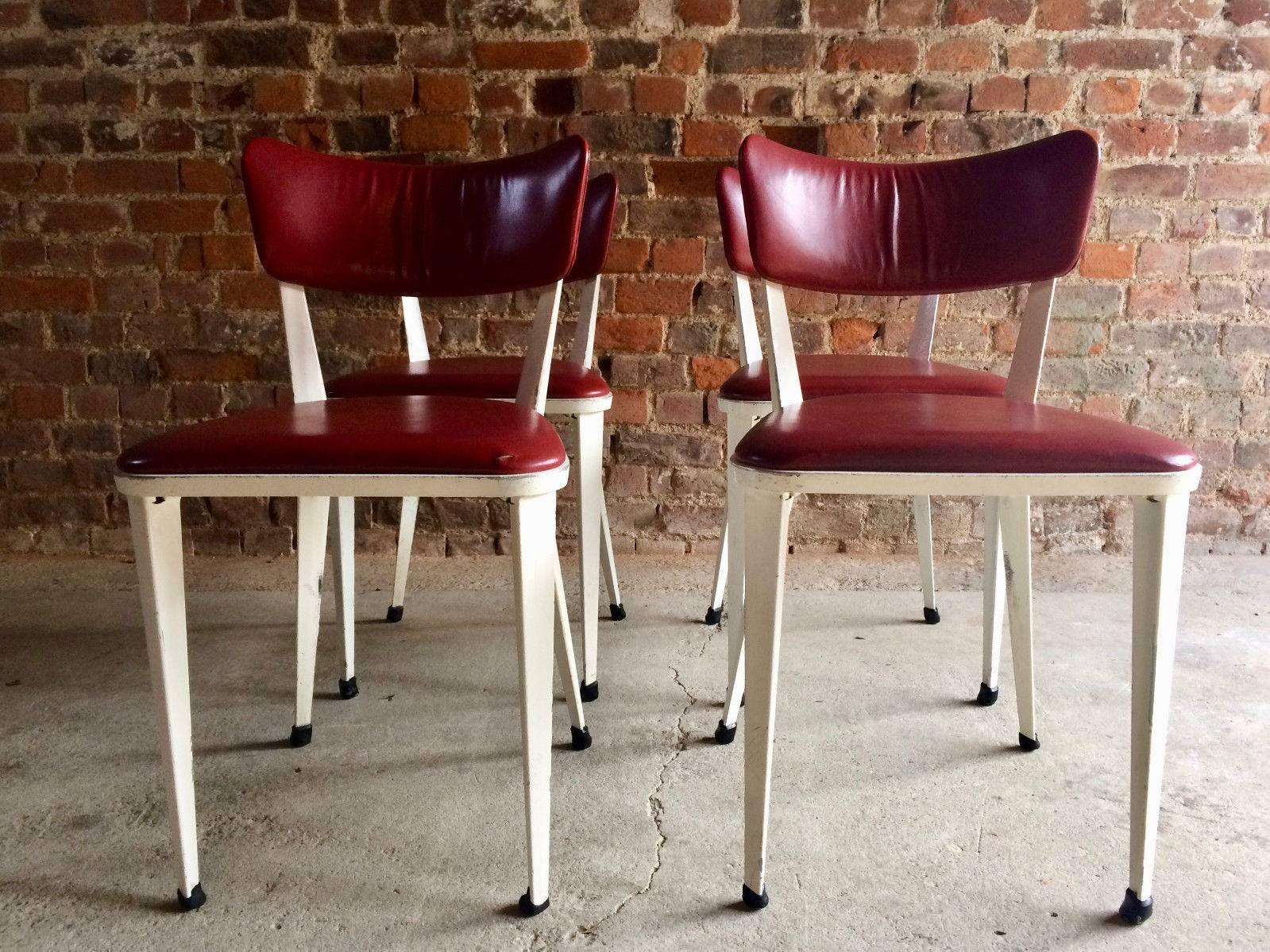 Mid-Century Modern Midcentury Ernest Race Set of Four BA3 Dining Chairs White Cherry Red Leather