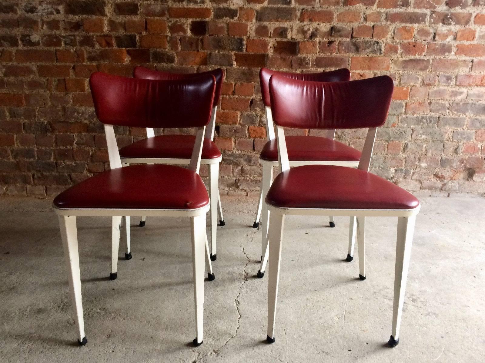 Midcentury Ernest Race Set of Four BA3 Dining Chairs White Cherry Red Leather In Good Condition In Longdon, Tewkesbury