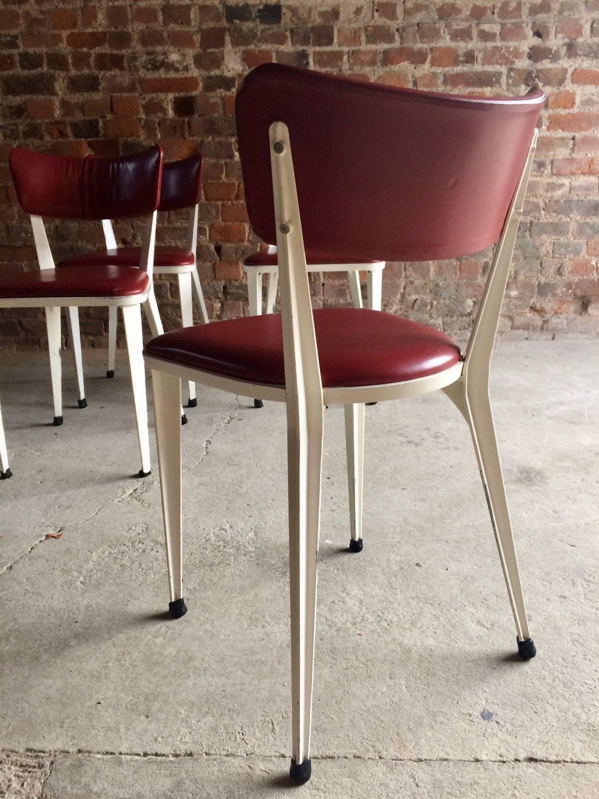 Midcentury Ernest Race Set of Four BA3 Dining Chairs White Cherry Red Leather 2