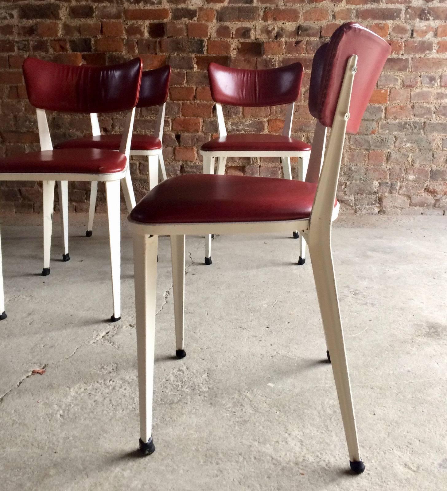 Midcentury Ernest Race Set of Four BA3 Dining Chairs White Cherry Red Leather 3