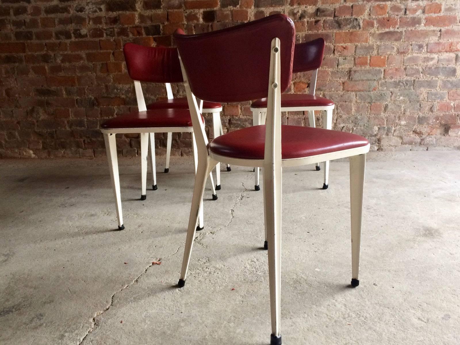 20th Century Midcentury Ernest Race Set of Four BA3 Dining Chairs White Cherry Red Leather