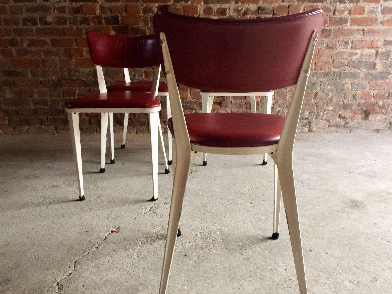 Midcentury Ernest Race Set of Four BA3 Dining Chairs White Cherry Red Leather 1