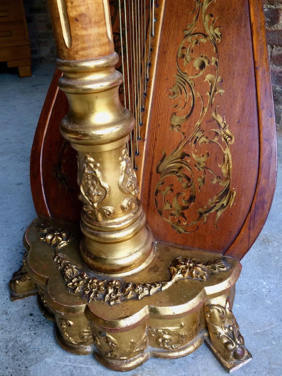 19th Century Antique American Gilt and Satinwood Musical Harp New Metropolitan USA circa 1895