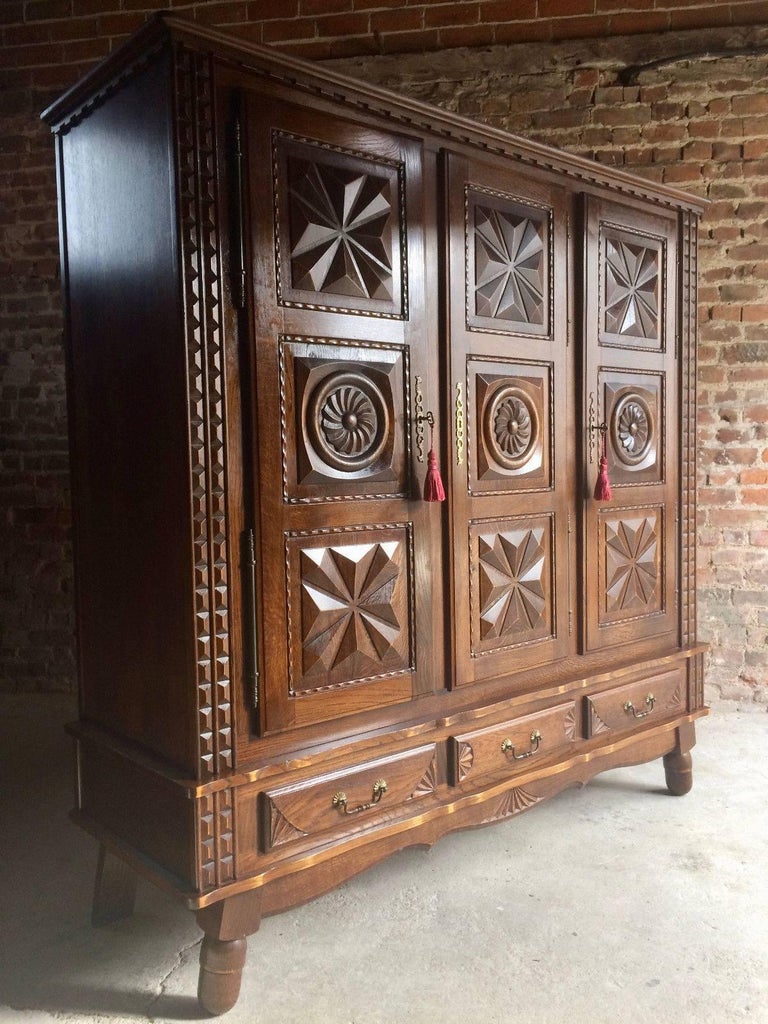 Antique Style French Oak Armoire Wardrobe Large Carved Bedside
