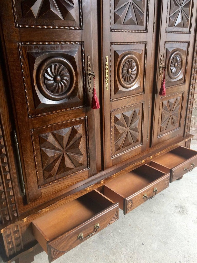 Antique Style French Oak Armoire Wardrobe Large Carved Bedside