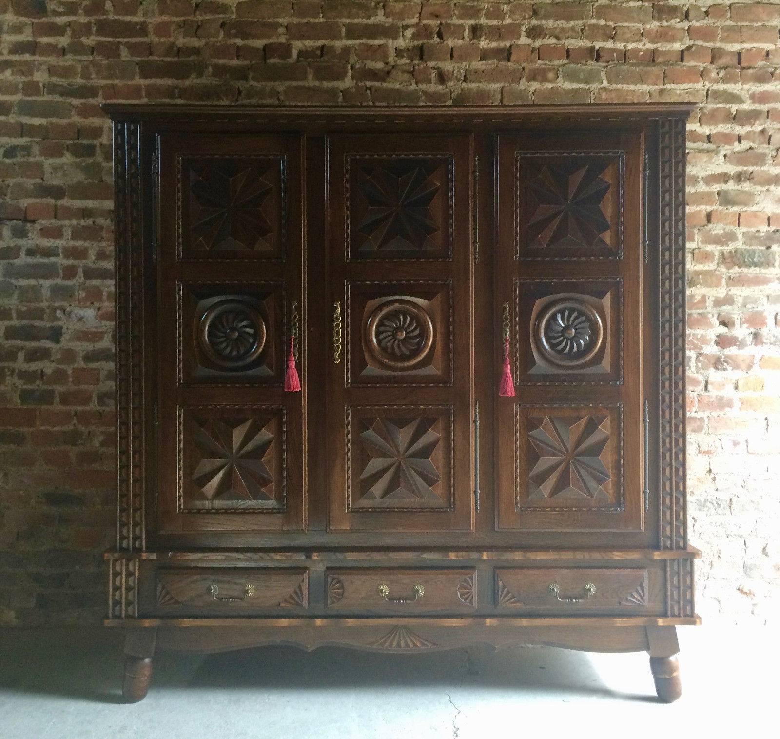 20th Century Antique Style French Oak Armoire Wardrobe Large Carved Bedside Cabinet