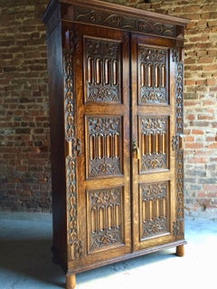 Antique Oak Wardrobe Hall Cupboard Gothic Heavily Carved, 19th Century