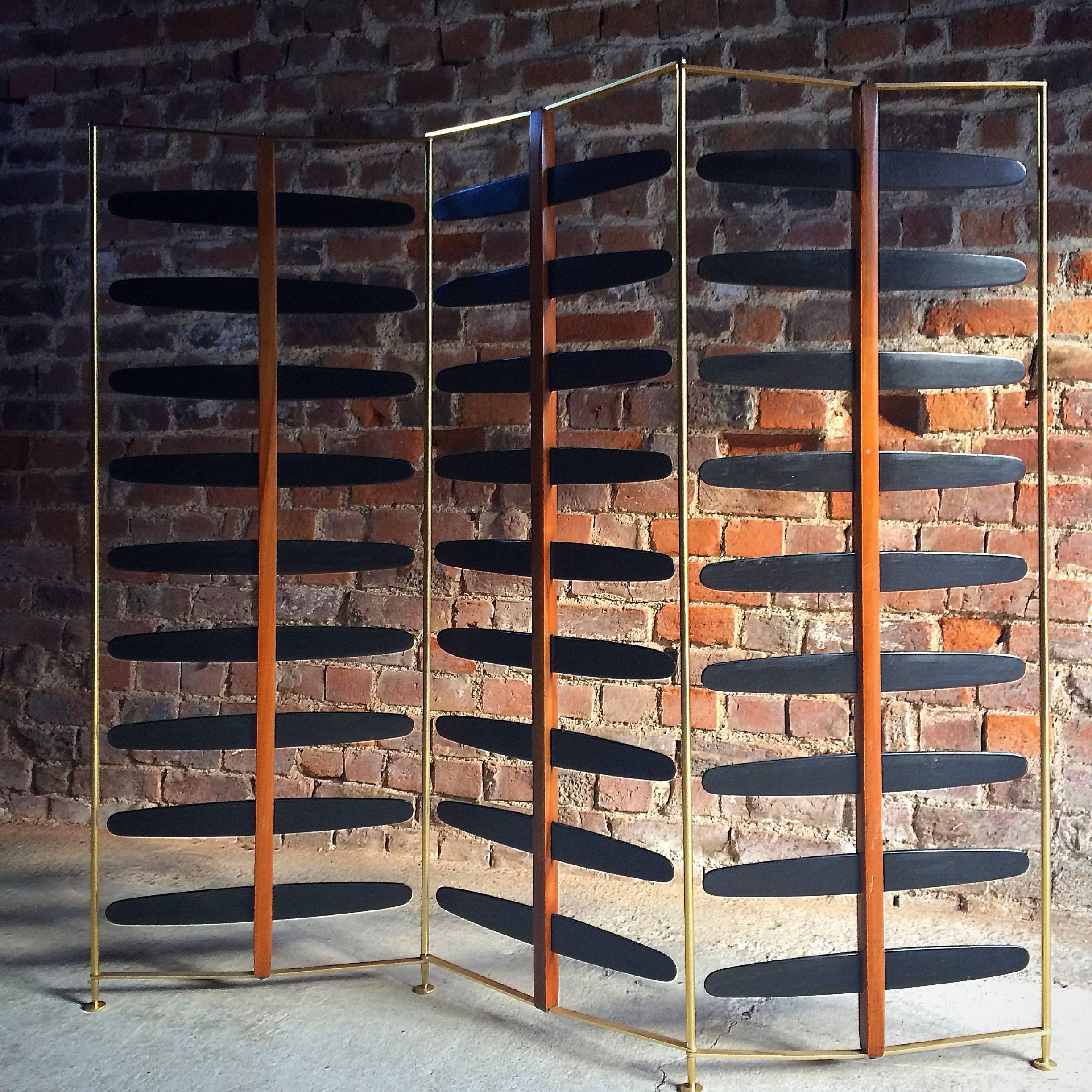 20th Century French Room Divider Three-Section Screen Midcentury Brass, 1950s