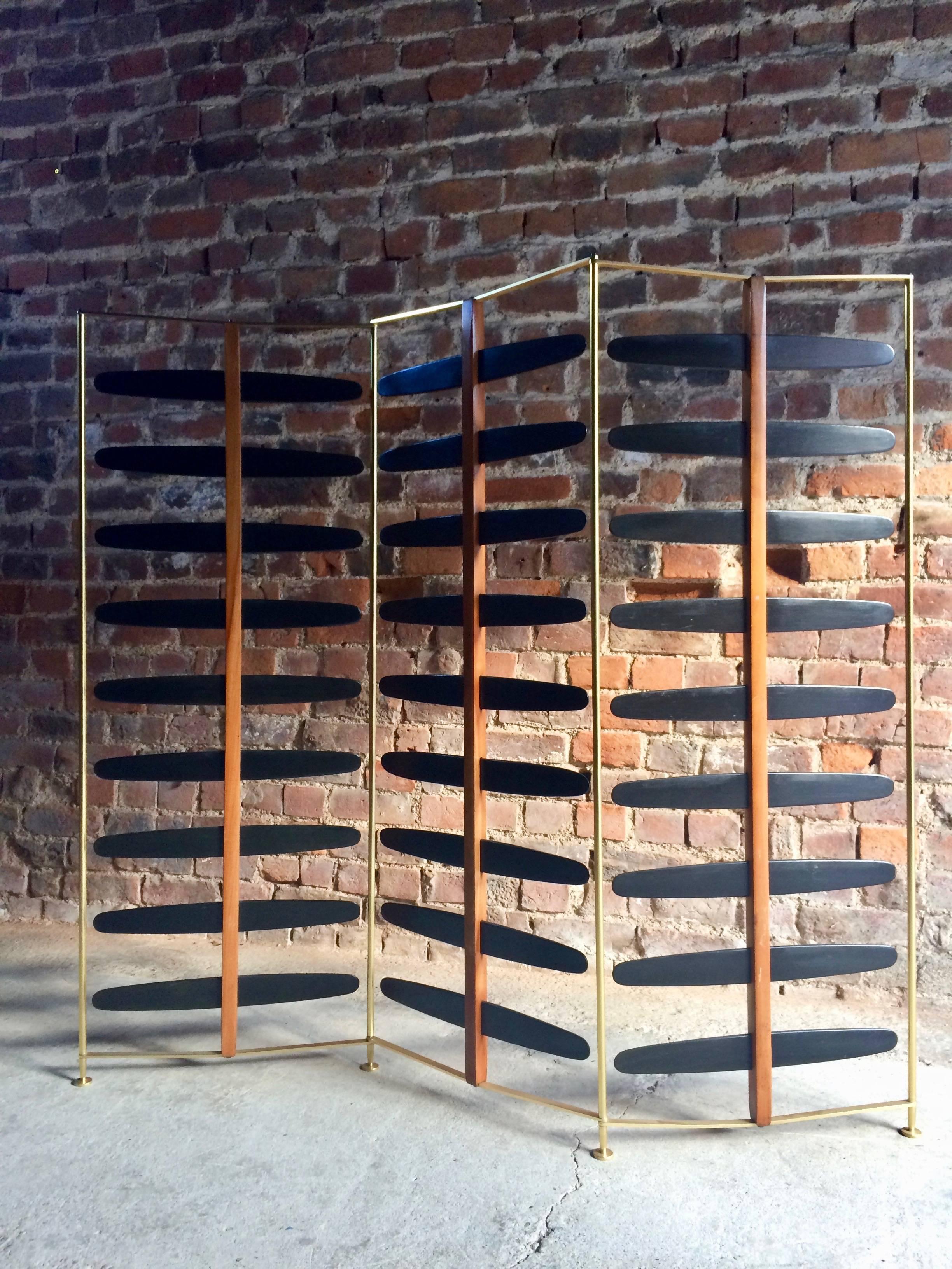 European French Room Divider Three-Section Screen Midcentury Brass, 1950s