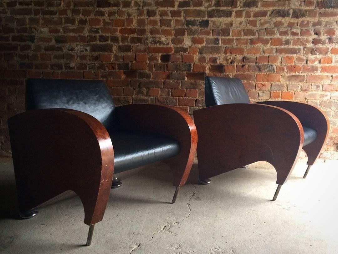 Pair of Art Deco Club Chairs Tub Lounge Walnut Black Leather, French, 1940s 5
