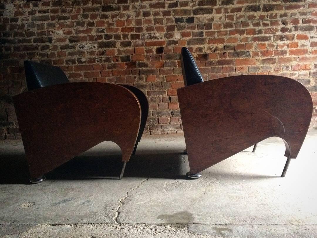 Pair of Art Deco Club Chairs Tub Lounge Walnut Black Leather, French, 1940s 4