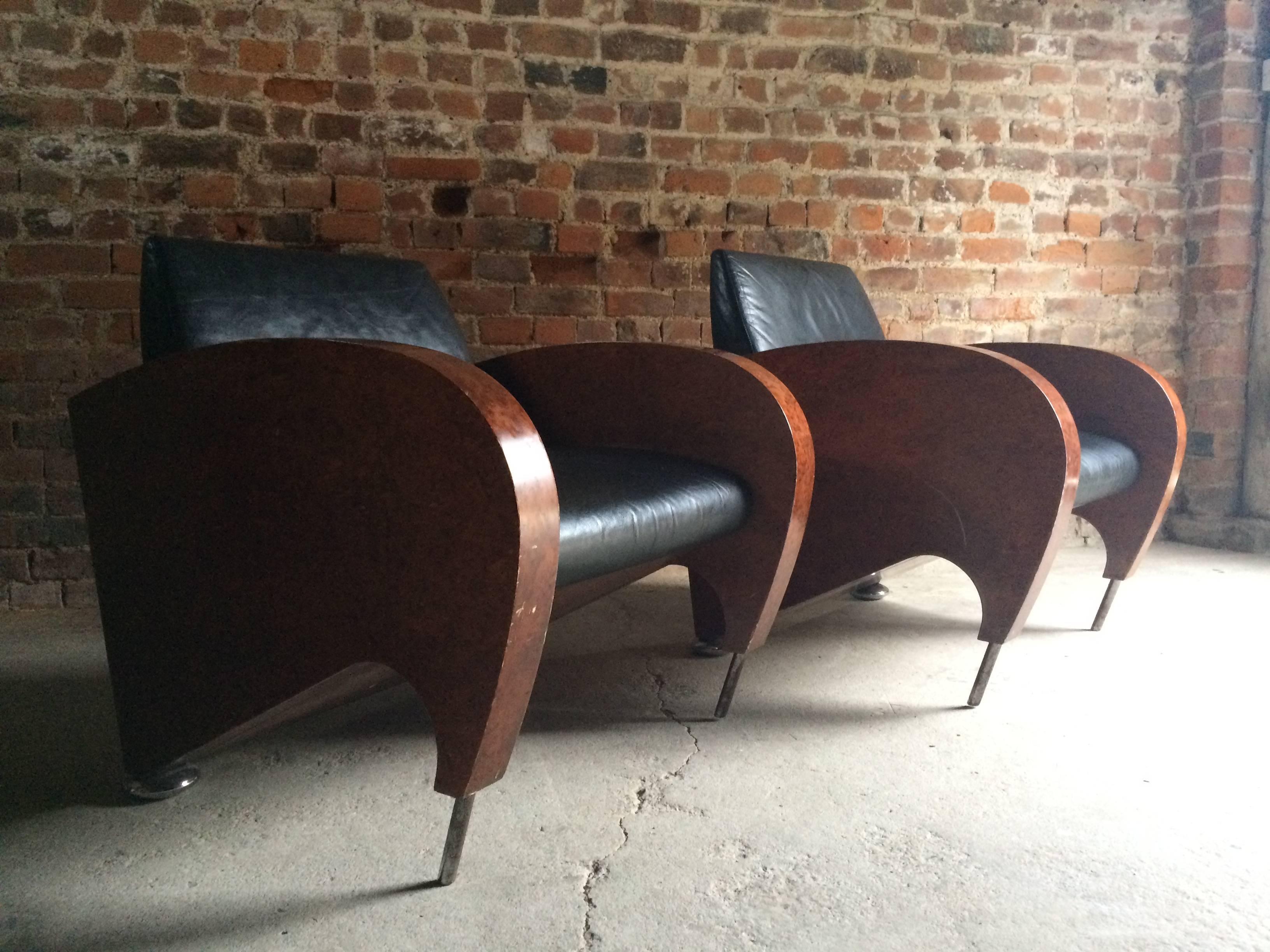 Pair of Art Deco Club Chairs Tub Lounge Walnut Black Leather, French, 1940s 3