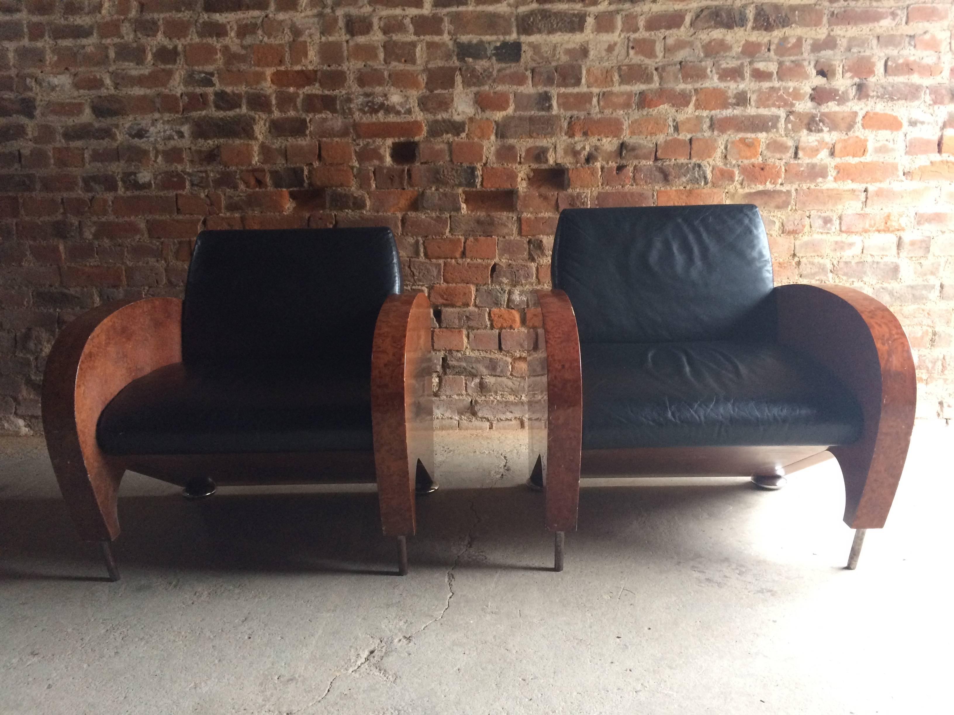 Pair of Art Deco Club Chairs Tub Lounge Walnut Black Leather, French, 1940s 1
