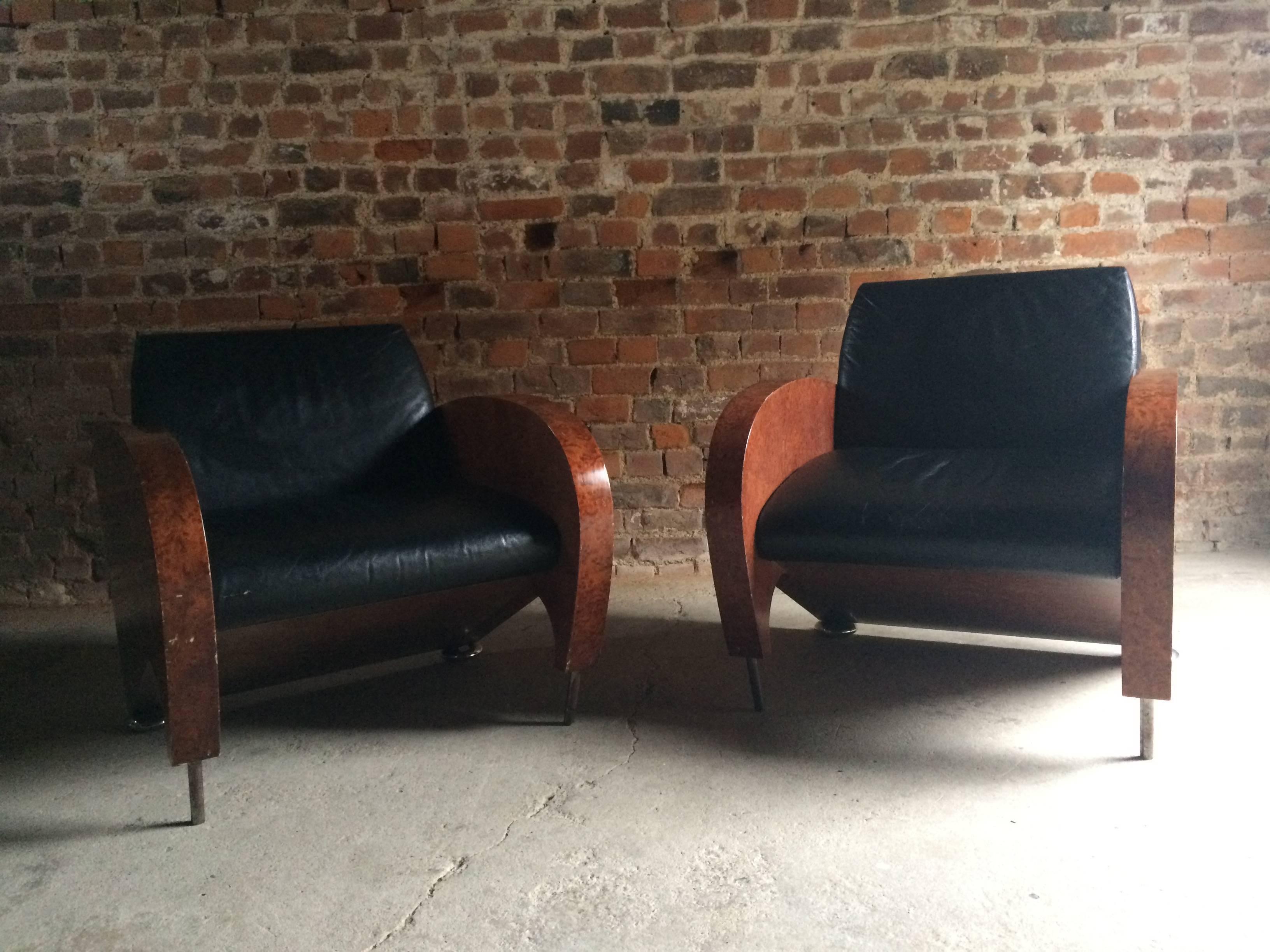 Pair of Art Deco Club Chairs Tub Lounge Walnut Black Leather, French, 1940s 2