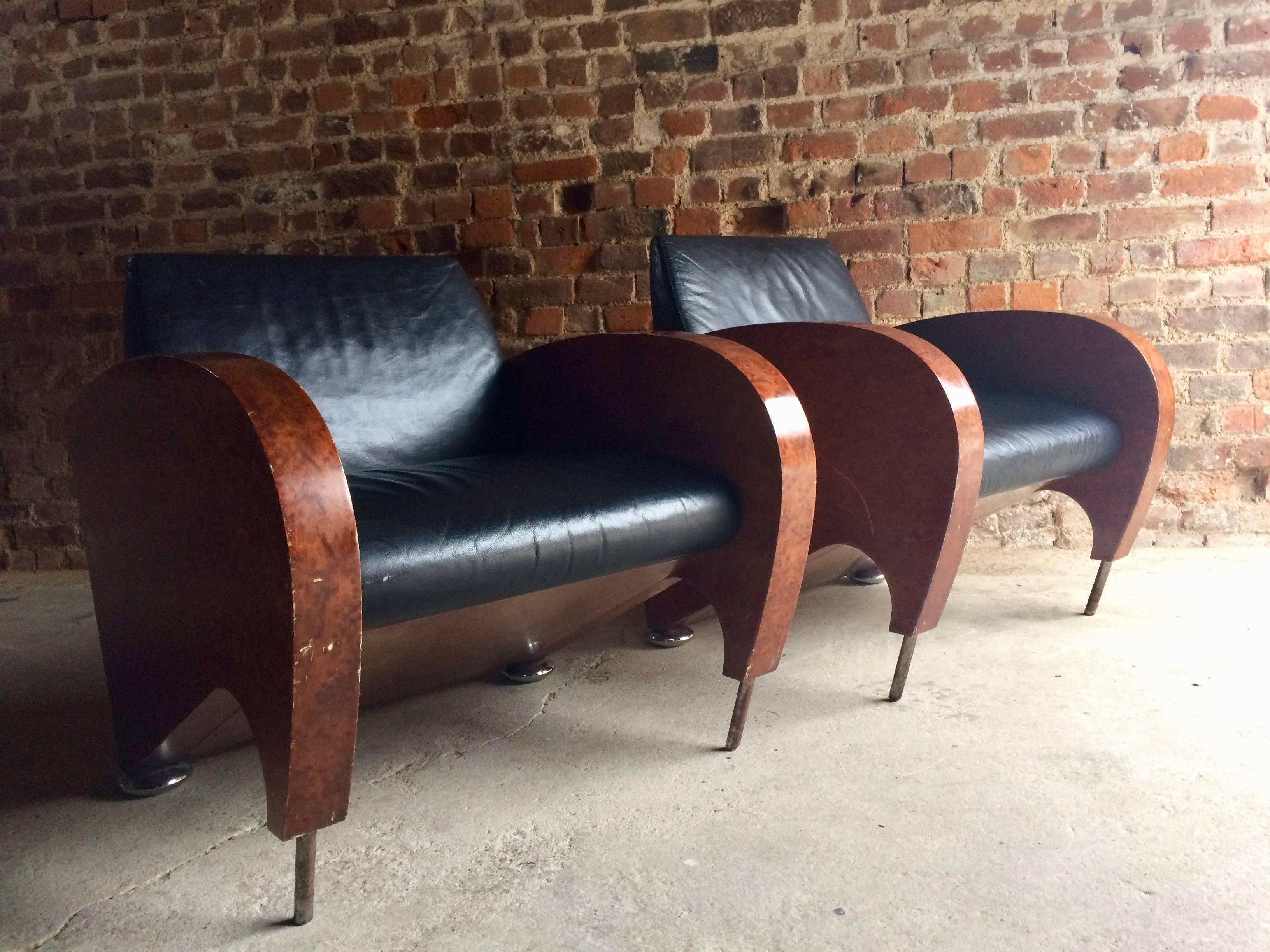 Veneer Pair of Art Deco Club Chairs Tub Lounge Walnut Black Leather, French, 1940s