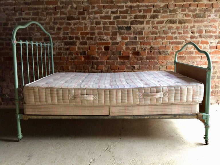 Stunning Antique Cast Iron Bed Single on Casters 19th Century Victorian