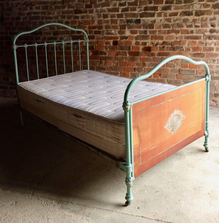 Stunning Antique Cast Iron Bed Single on Casters 19th Century Victorian