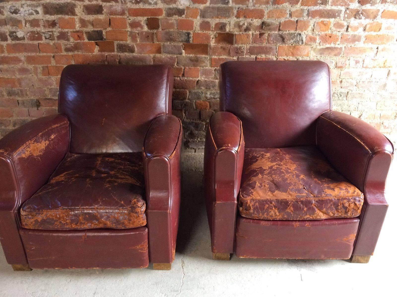 French Club Chairs Armchairs Moustache Cigar Art Deco Pair of Red Leather, 1930s In Fair Condition In Longdon, Tewkesbury