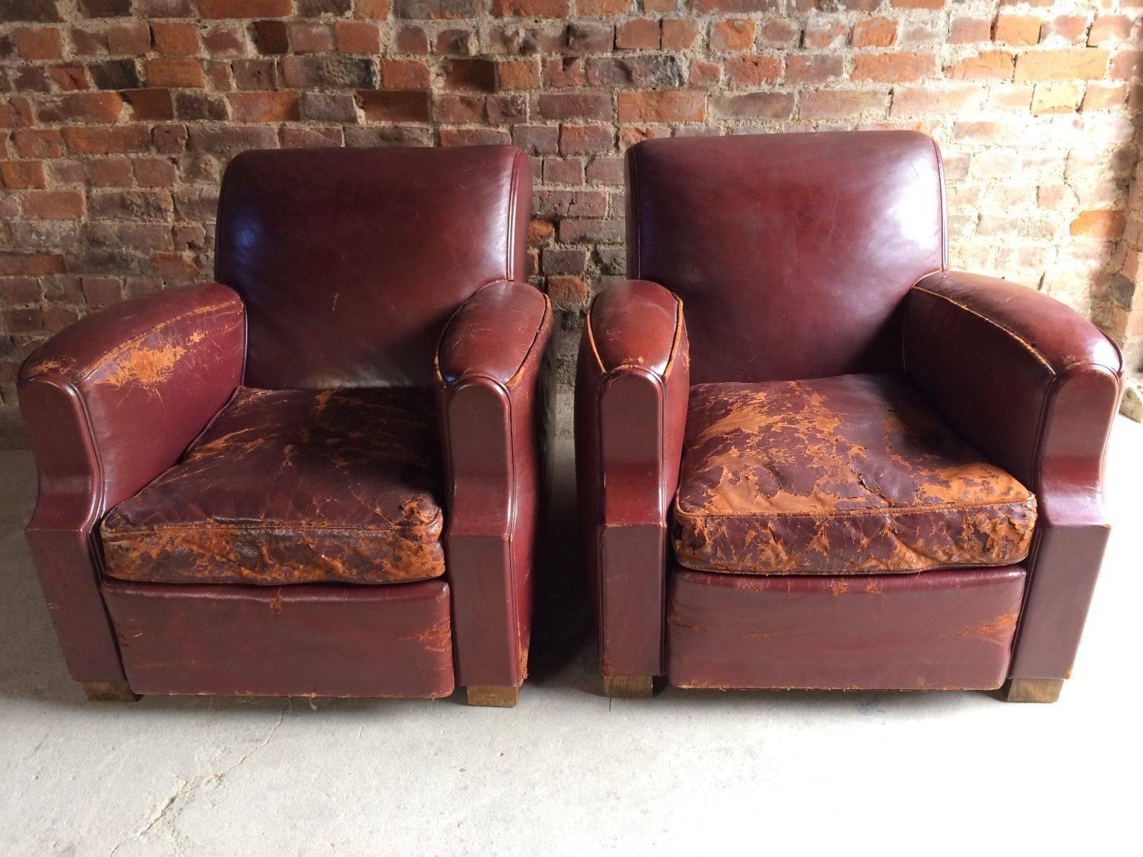 French Club Chairs Armchairs Moustache Cigar Art Deco Pair of Red Leather, 1930s 3