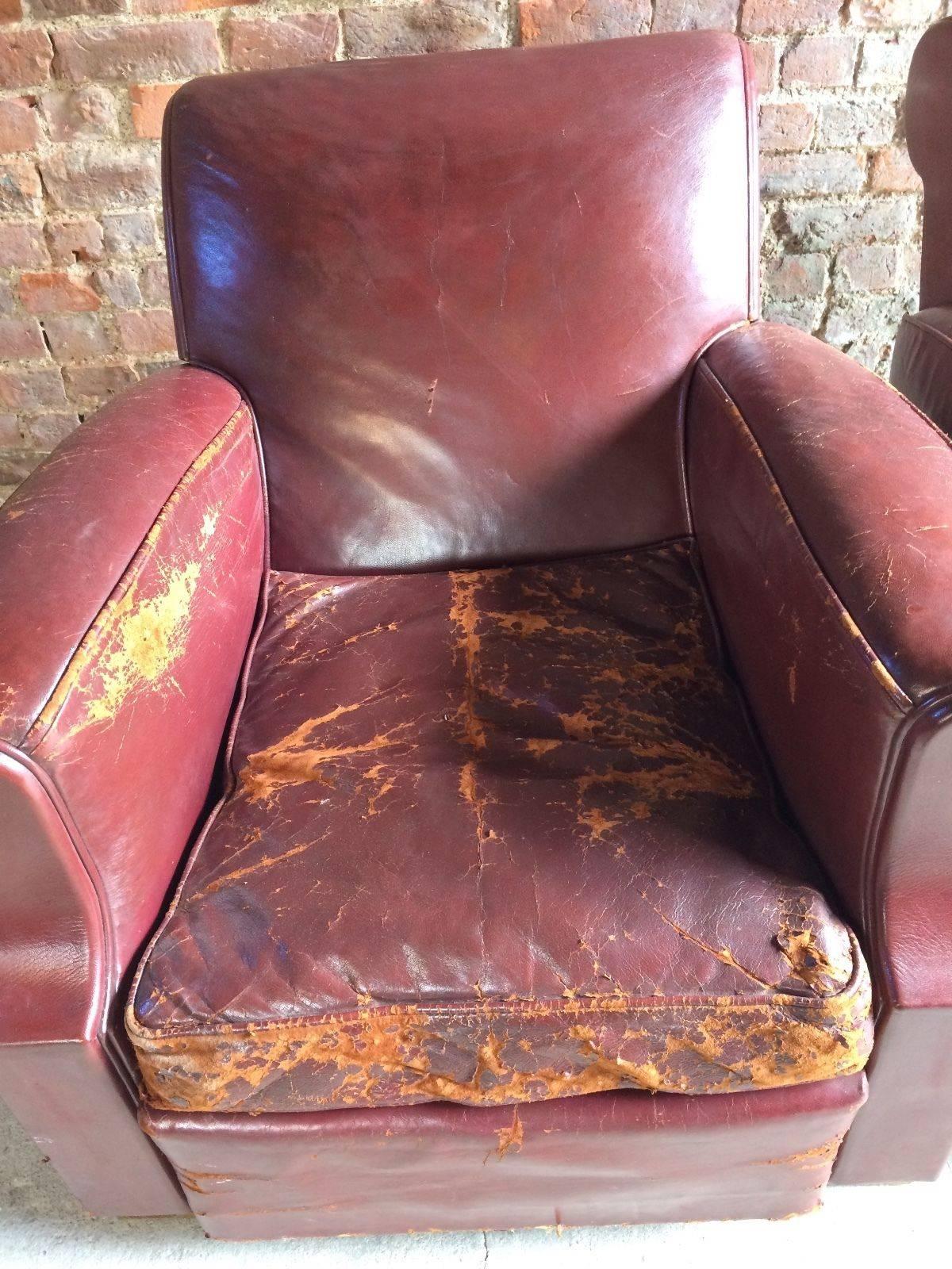 French Club Chairs Armchairs Moustache Cigar Art Deco Pair of Red Leather, 1930s 4