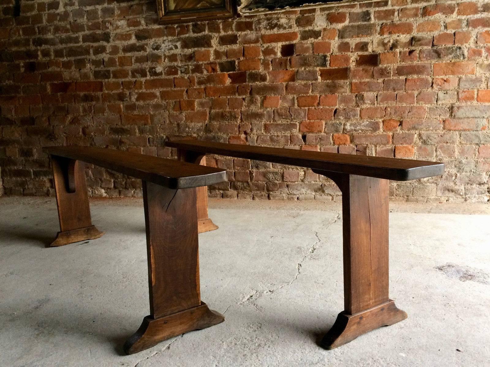 A truly magnificent Victorian pair of French school bench seats, circa 1870 wonderful aged patina and offered in good antique condition, slight wear to legs in line with age and use, look amazing.