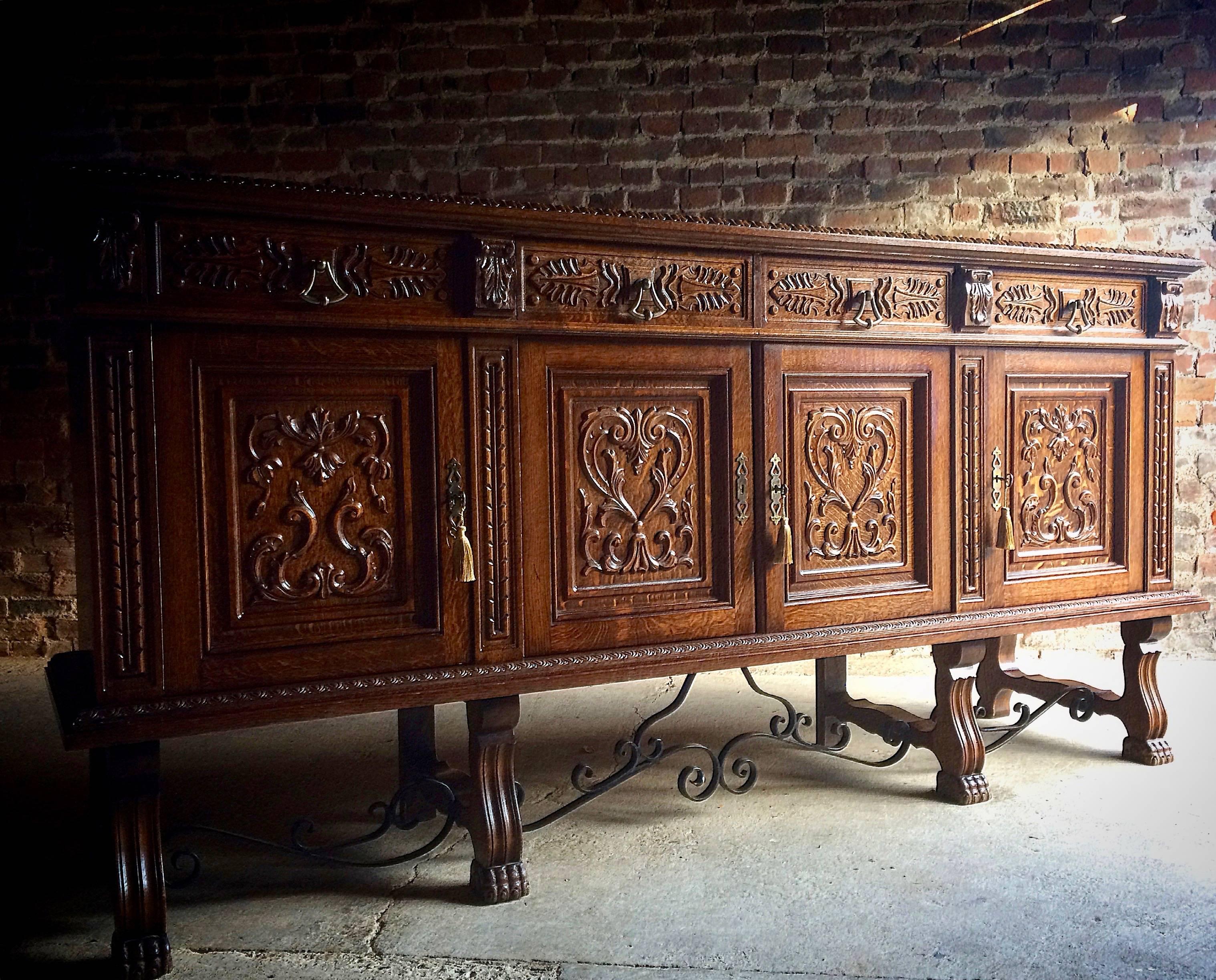 Mid-20th Century Antique Style French Sideboard Credenza Buffet Heavily Carved Oak Large