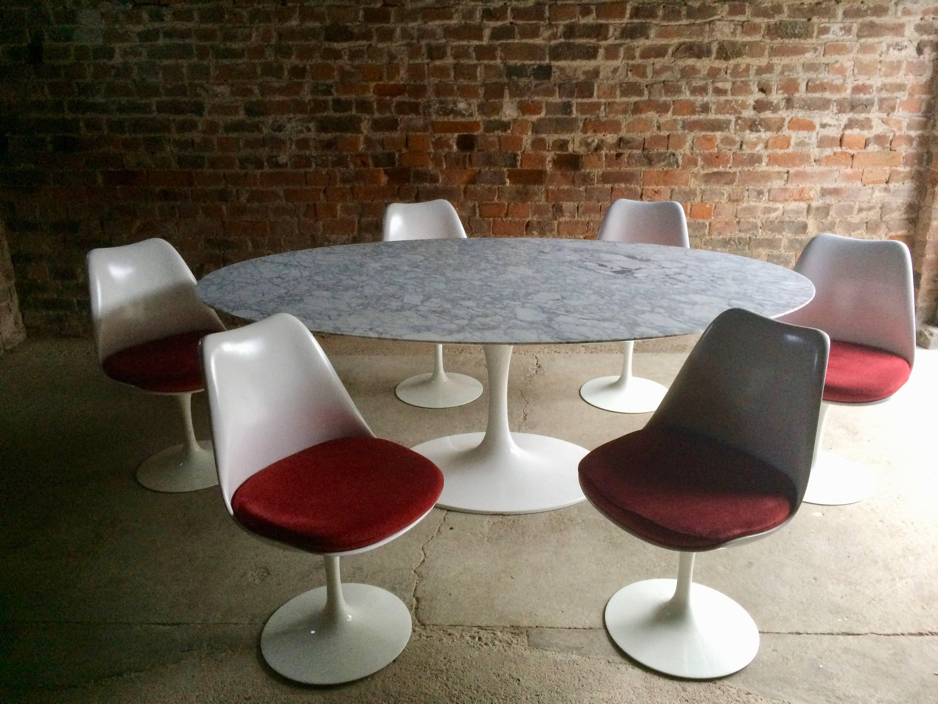 Original set of six Eero Saarinen for Knoll Studio Tulip dining Chairs and one Tulip oval Marble dining table, Florence Knoll was one of the great entrepreneurs of mid-century modern design, nne of her most enduring projects was this marble dining