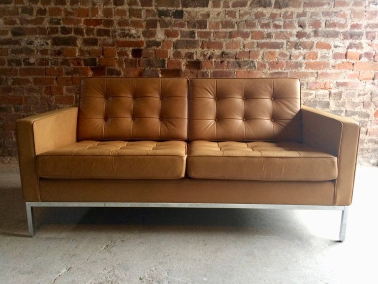 Original Knoll Studio Two Seat Leather Sofa Settee By Florence Original Florence Knoll By Studio Two Seat Tan Leather Sofa One Of A