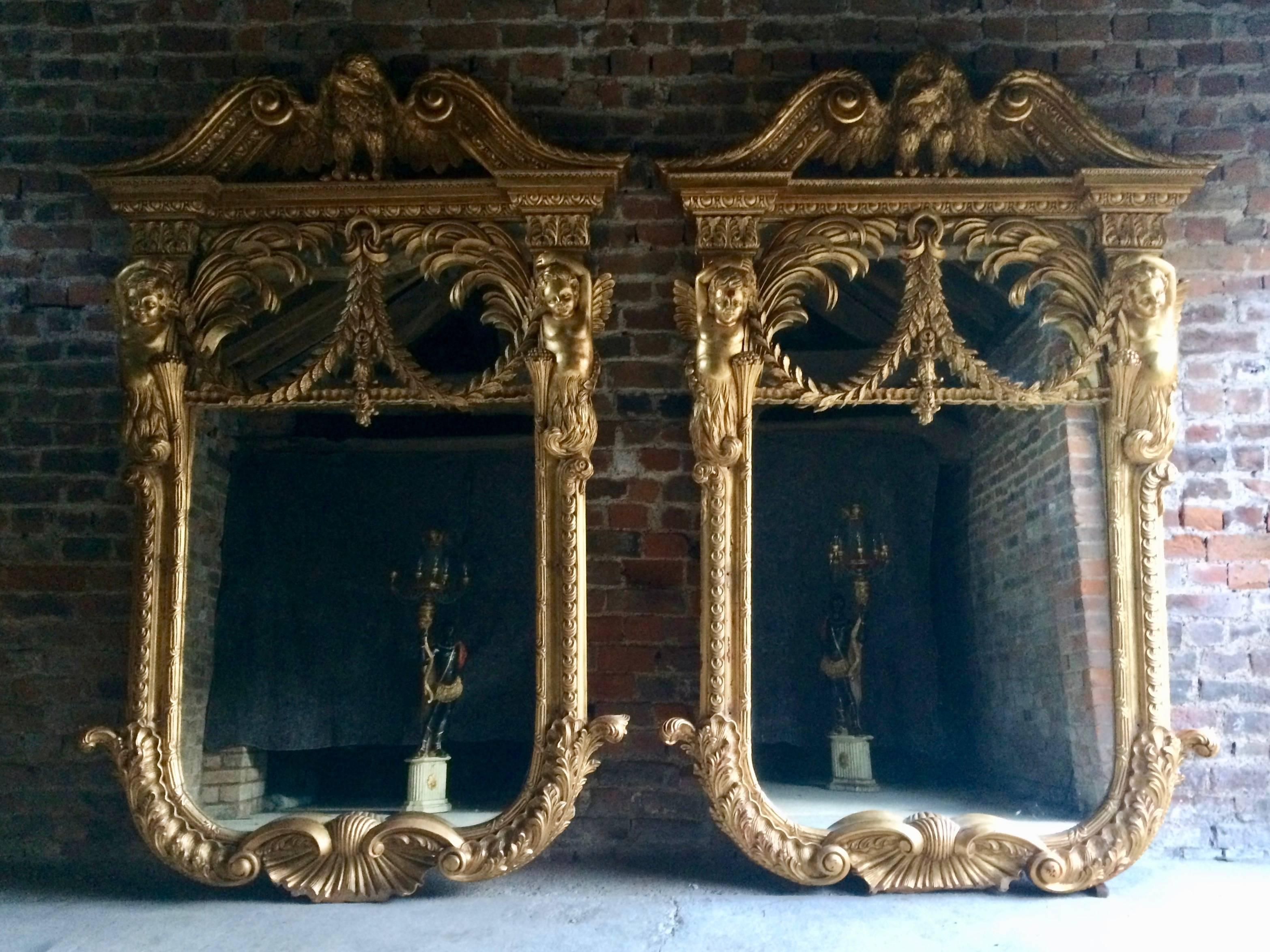 French Giltwood Wall Mirrors Pair of William Kent Design Very Large Rococo For Sale 2