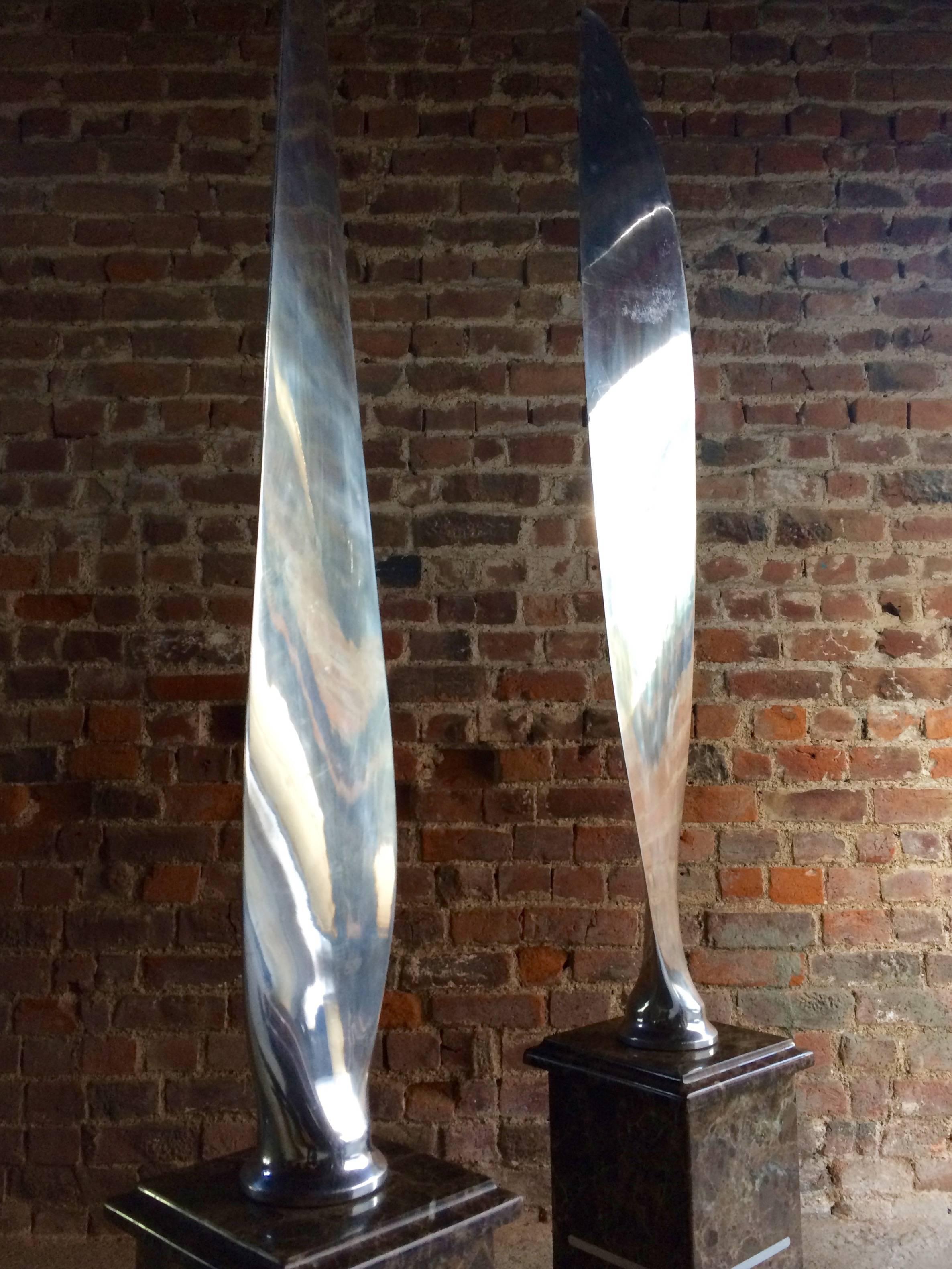 Pair of Tall Polished Chrome Airplane Propeller Blades Sculptures 1
