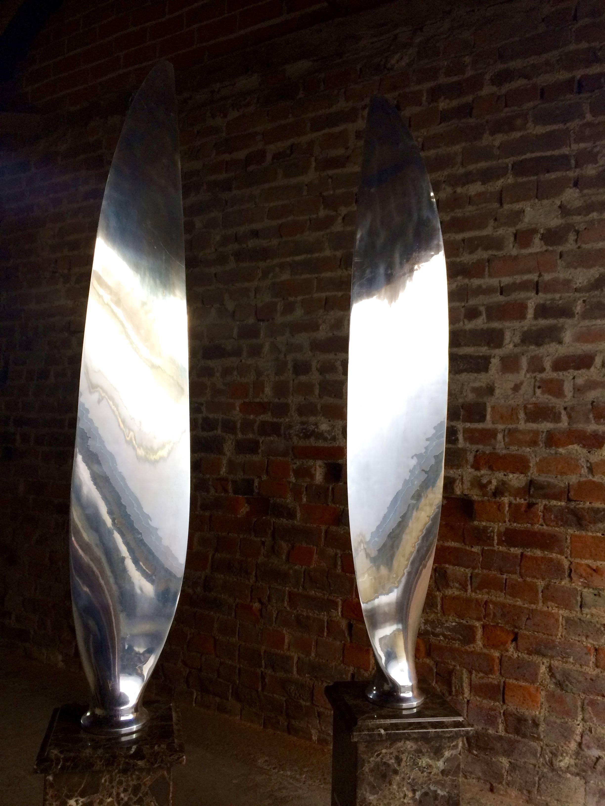 Pair of Tall Polished Chrome Airplane Propeller Blades Sculptures 2