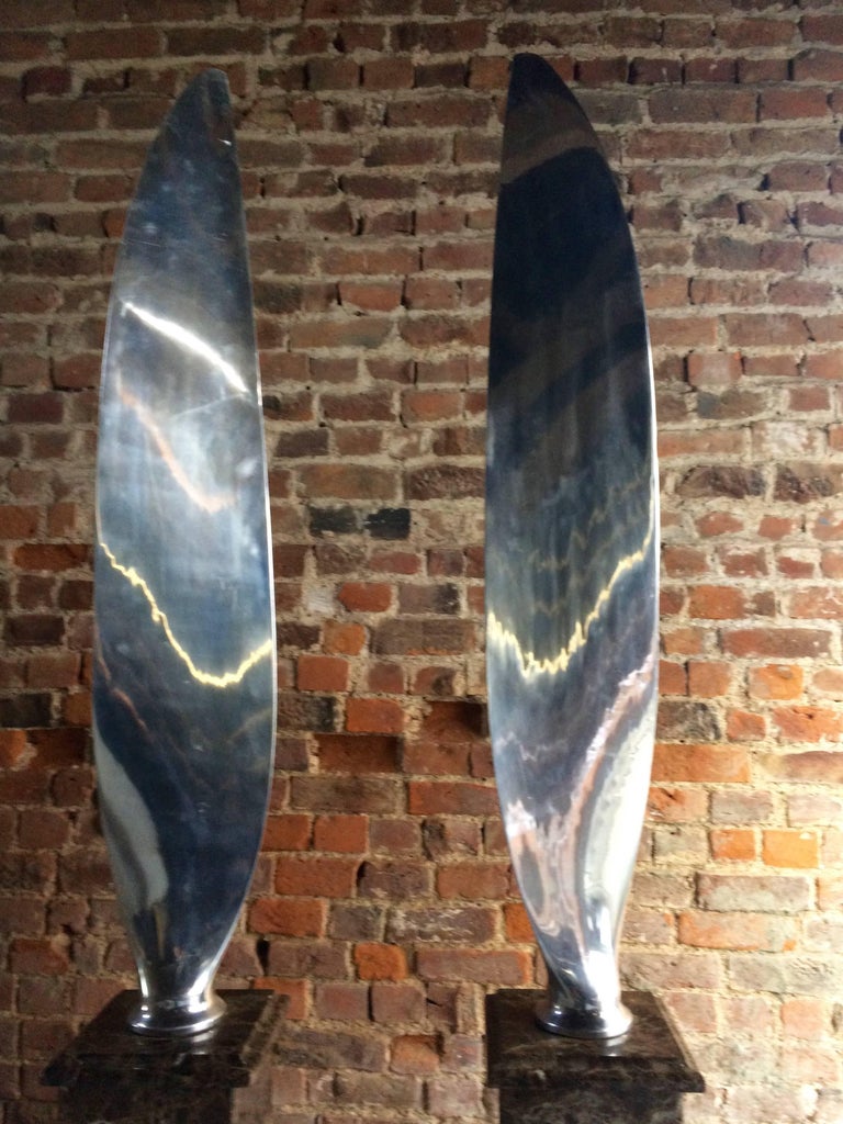 Pair of Tall Polished Chrome Airplane Propeller Blades Sculptures at