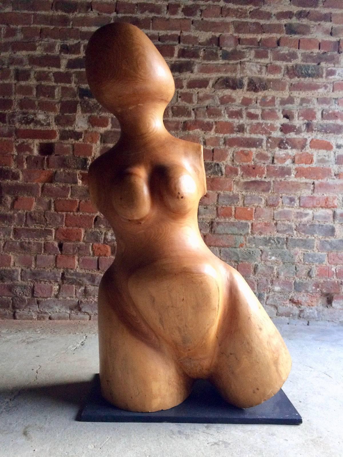 Magnificent 20th century Martin Miller nude form sculpture in the manner of Henry Moore, circa 1987, solid elm on a painted base.